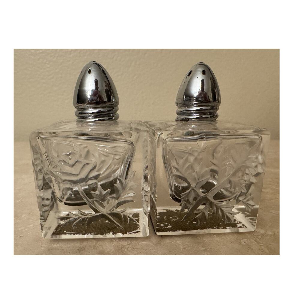 Clear Glass Floral Square Salt & Pepper Shakers Set of 2, Metal Lids, 3"